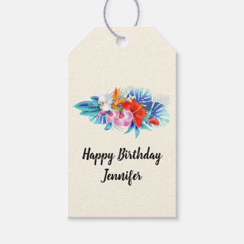 Exotic Tropical Flowers in Pink and Aqua Birthday Gift Tags