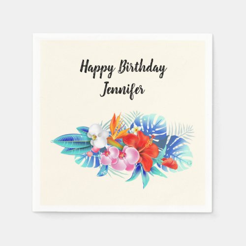 Exotic Tropical Flowers in Pink and Aqua Birthday Napkins