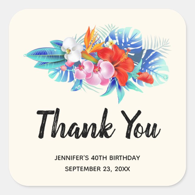 Exotic Tropical Flowers in Pink and Aqua Birthday Square Sticker (Front)