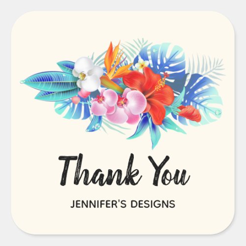 Exotic Tropical Flowers in Pink and Aqua Business Square Sticker