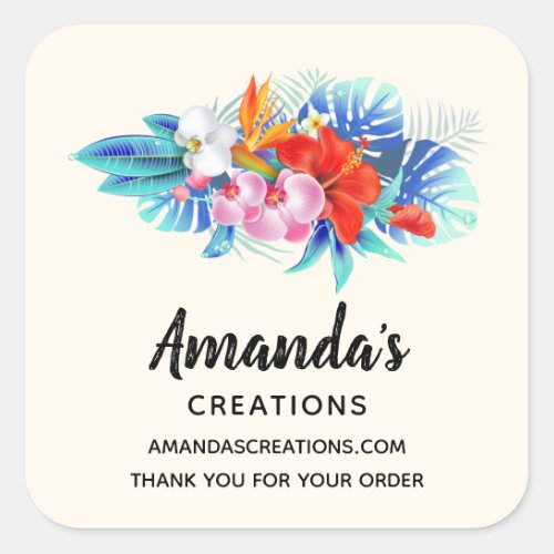 Exotic Tropical Flowers in Pink and Aqua Business Square Sticker