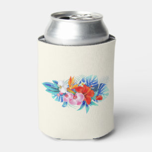 Exotic Tropical Flowers in Pink and Aqua Can Cooler