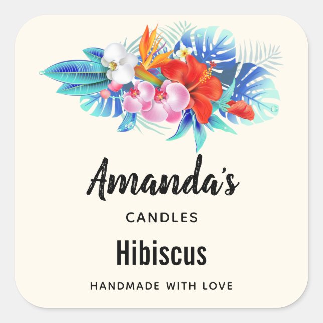 Exotic Tropical Flowers in Pink and Aqua Candle Square Sticker (Front)