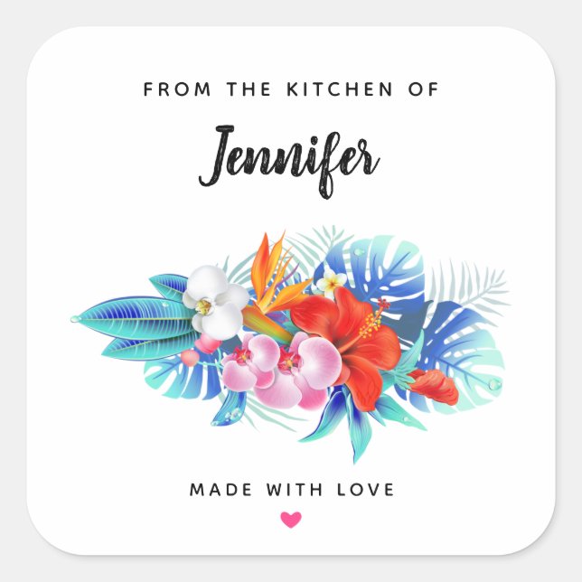 Exotic Tropical Flowers in Pink and Aqua Kitchen Square Sticker (Front)