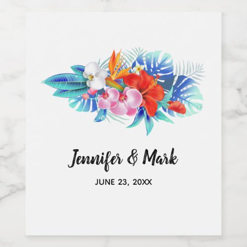 Exotic Tropical Flowers in Pink and Aqua Wedding Wine Label