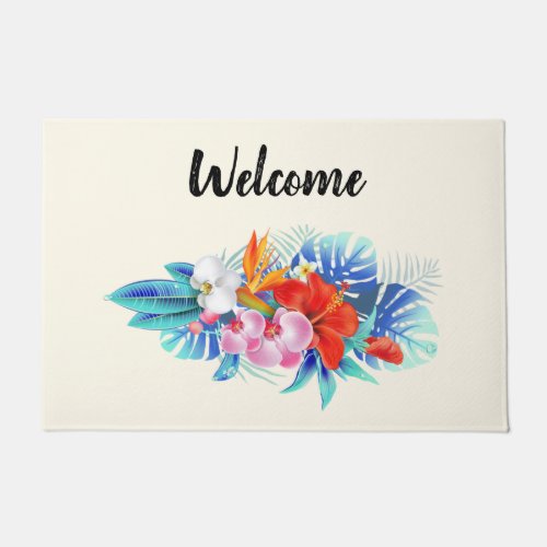 Exotic Tropical Flowers in Pink and Aqua Welcome Doormat