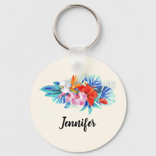 Exotic Tropical Flowers in Pink and Turquoise Keychain (Front)