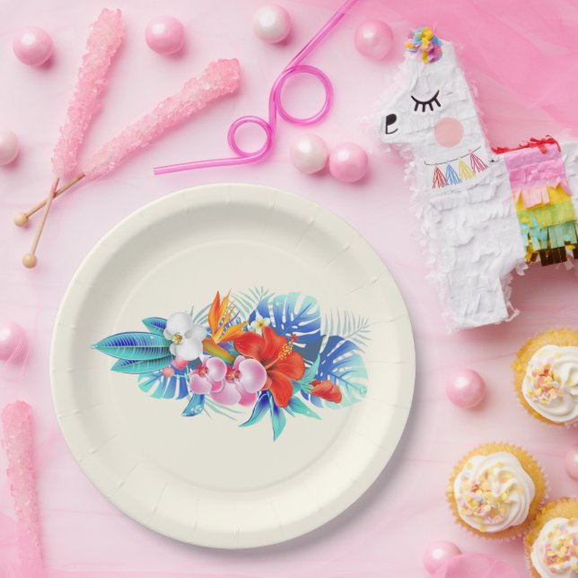 Exotic Tropical Flowers in Pink and Turquoise Paper Plates (Party)