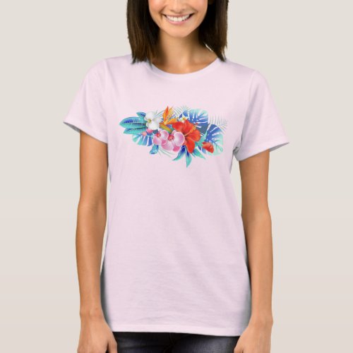 Exotic Tropical Flowers in Pink and Turquoise T_Shirt