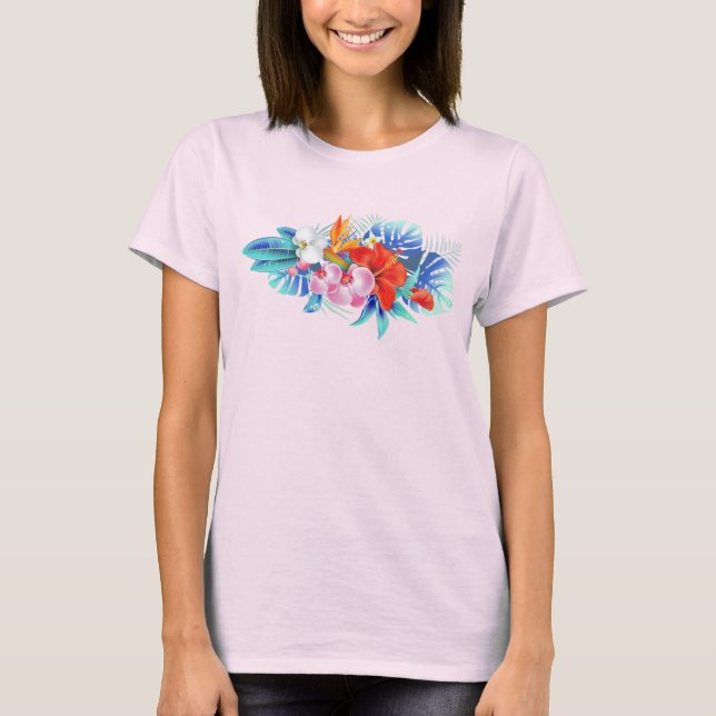 Exotic Tropical Flowers in Pink and Turquoise T-Shirt (Front)
