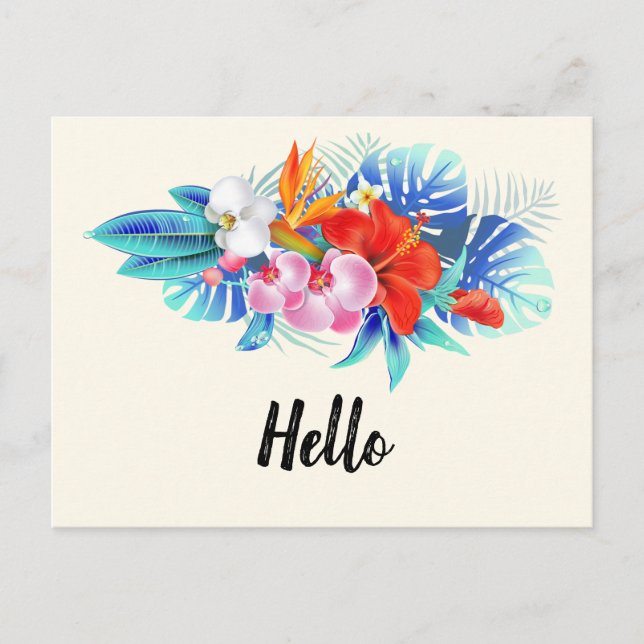 Exotic Tropical Flowers - Pink and Turquoise Hello Postcard (Front)