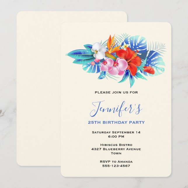 Exotic Tropical Flowers - Pink & Aqua Birthday Invitation (Front/Back)