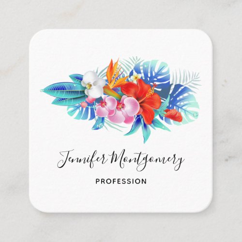 Exotic Tropical Flowers _ Pink  Aqua Square Business Card