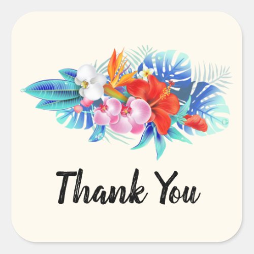 Exotic Tropical Flowers _ Pink  Aqua Thank You Square Sticker