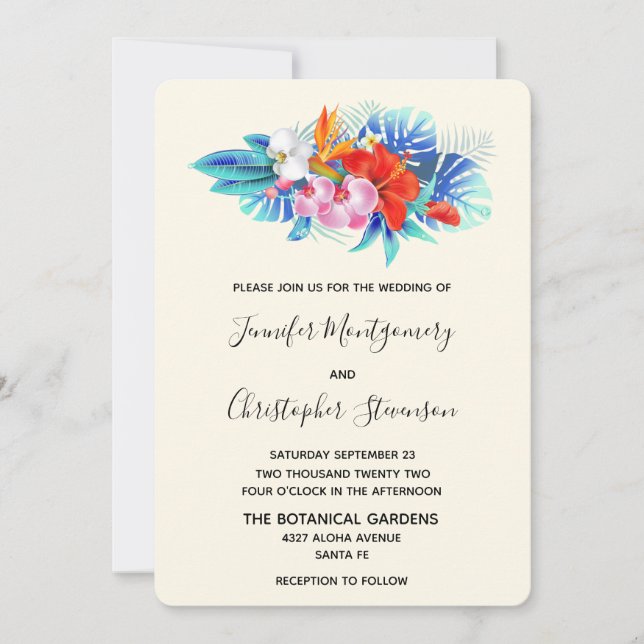  Exotic Tropical Flowers - Pink & Aqua Wedding Invitation (Front)
