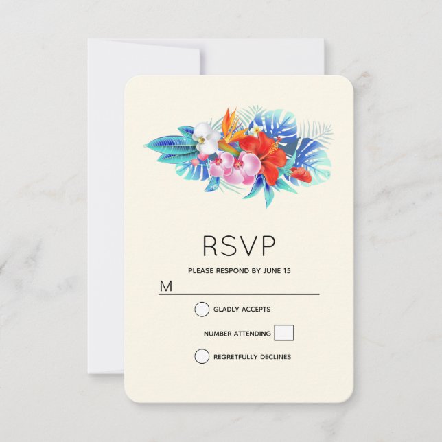 Exotic Tropical Flowers - Pink & Aqua Wedding RSVP Card (Front)