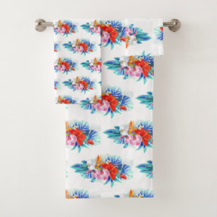 Exotic Tropical Flowers - Pink & Aquamarine Bath Towel Set