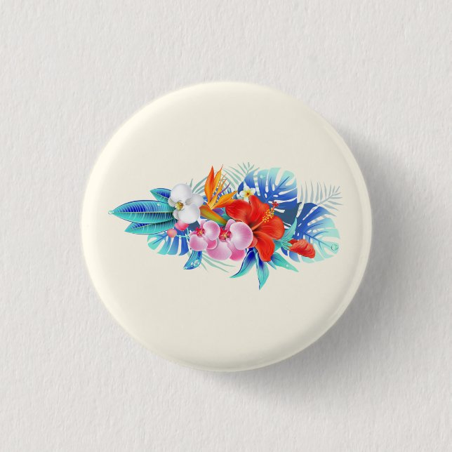Exotic Tropical Flowers - Pink & Aquamarine Button (Front)