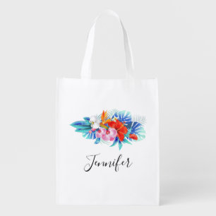 Exotic Tropical Flowers - Pink & Aquamarine Grocery Bag