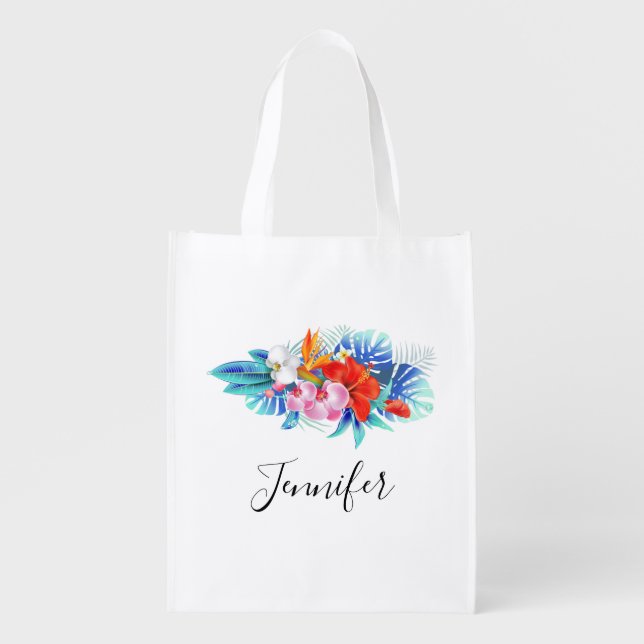 Exotic Tropical Flowers - Pink & Aquamarine Grocery Bag (Front)