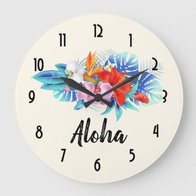 Exotic Tropical Flowers - Pink & Aquamarine Large Clock (Front)