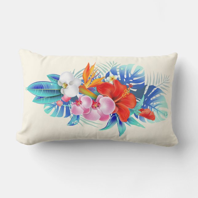 Exotic Tropical Flowers - Pink & Aquamarine Lumbar Pillow (Front)