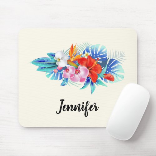 Exotic Tropical Flowers _ Pink  Aquamarine Mouse Pad