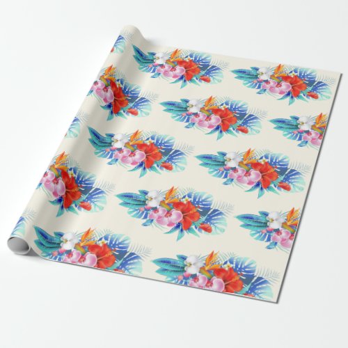 Exotic Tropical Flowers _ Pink  Aquamarine Wrapping Paper