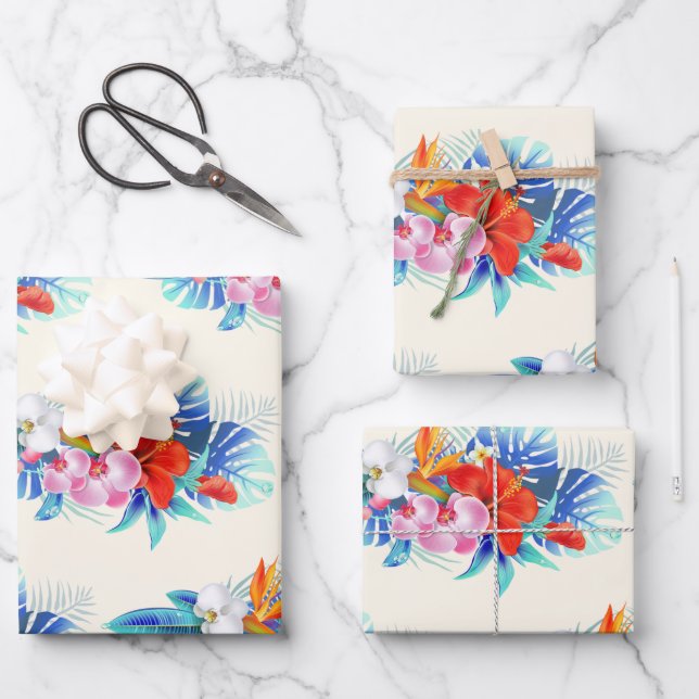Exotic Tropical Flowers - Pink & Aquamarine Wrapping Paper Sheets (Front)