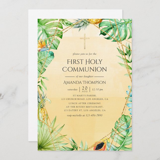 Exotic Tropical Geometric First Holy Communion Invitation (Front/Back)