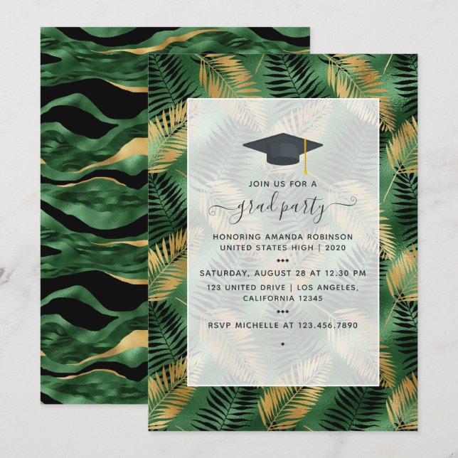 Exotic Tropical Green and Gold Graduation Party Invitation (Front/Back)
