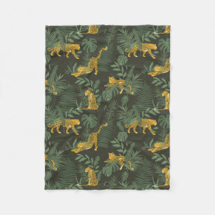Exotic Tropical green jaguar palm leaves pattern Fleece Blanket