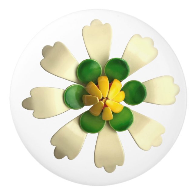 Exotic Tropical Hippie Daisy Flower White Green  Ceramic Knob (Front)