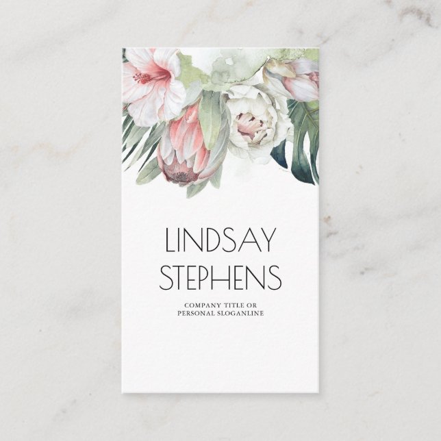 Exotic Tropical Jungle Flower and Palm Leaves Business Card (Front)