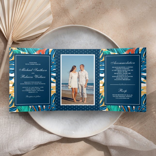 Exotic Tropical Leaves Garden Photo Wedding Tri-Fold Invitation (Creator Uploaded)