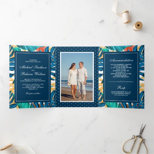 Exotic Tropical Leaves Garden Photo Wedding Tri_Fold Invitation