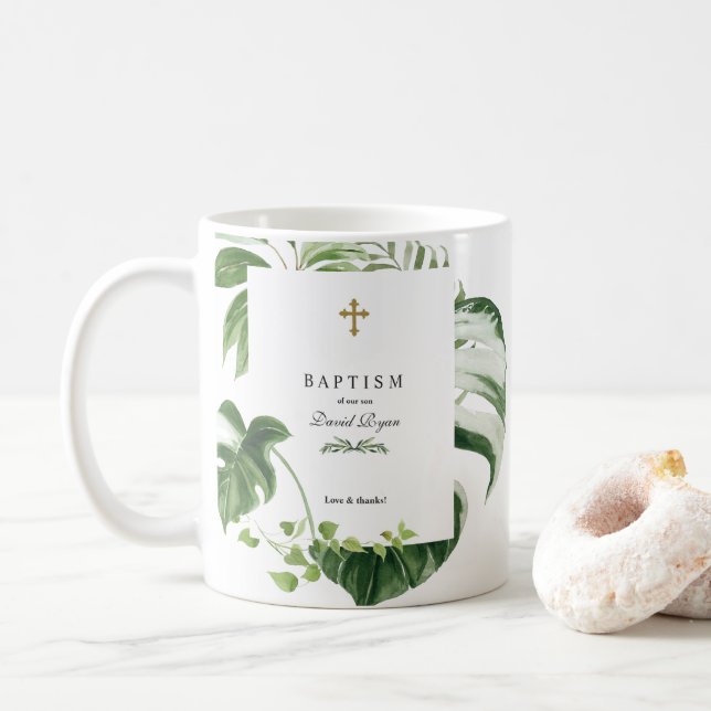 Exotic Tropical Leaves Gold Cross Boy Baptism Coffee Mug (With Donut)