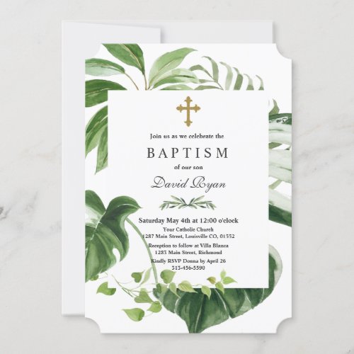 Exotic Tropical Leaves Gold Cross Boy Baptism Invitation