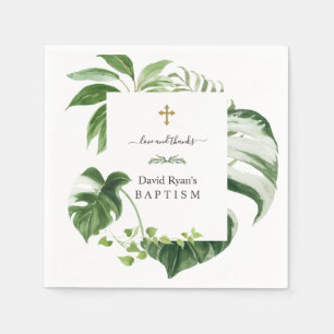 Exotic Tropical Leaves Gold Cross Boy Baptism Napkins