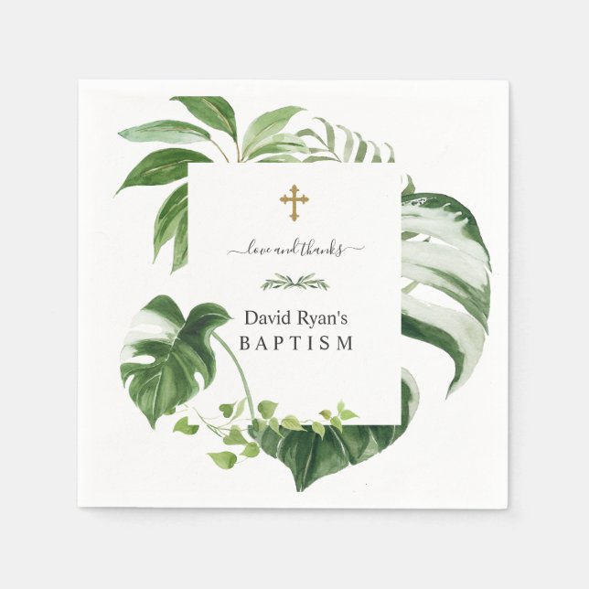 Exotic Tropical Leaves Gold Cross Boy Baptism   Napkins (Front)