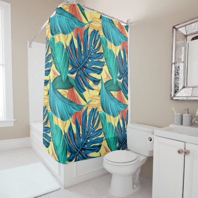 Exotic Tropical Leaves on Lemon Yellow Shower Curtain (In Situ)
