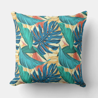 Exotic Tropical Leaves on Light Yellow Outdoor Pillow
