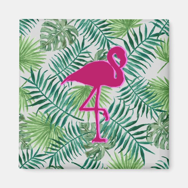 Exotic Tropical Leaves Pattern and Pink Flamingo Magnet (Front)
