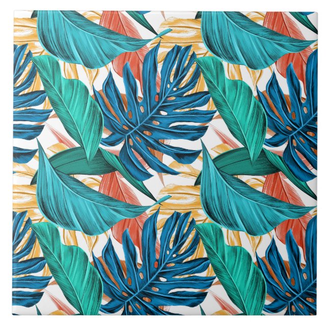 Exotic Tropical Leaves Print  Ceramic Tile (Front)