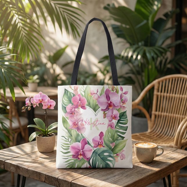 Exotic Tropical Orchid Watercolor Floral Heart Tote Bag (Creator Uploaded)