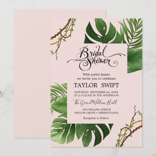 Exotic Tropical Palm | Blush Bridal Shower  Invitation (Front/Back)