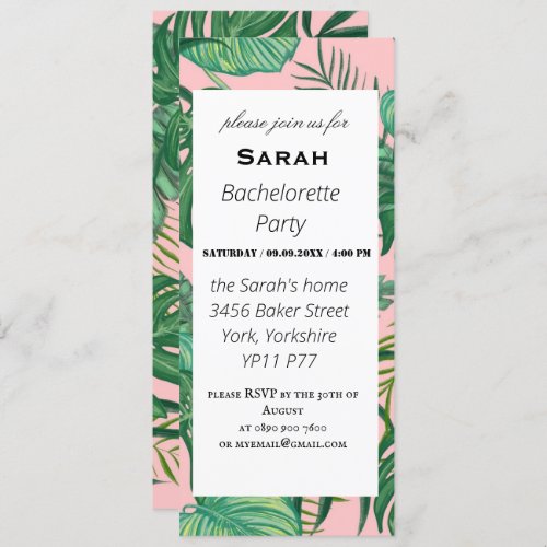 Exotic Tropical Palm Pink Bachelorette Party   Invitation