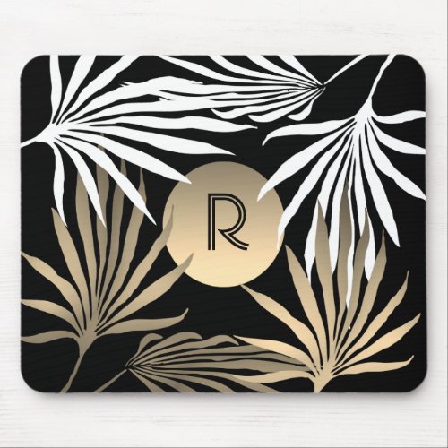 Exotic Tropical Palm Tree Black and Gold Monogram Mouse Pad