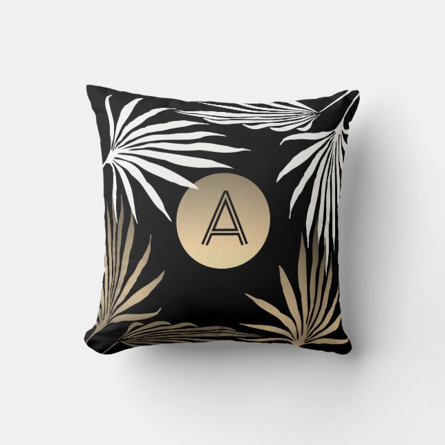 Exotic Tropical Palm Tree Black and Gold Monogram Throw Pillow (Front)