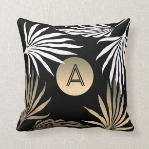 Exotic Tropical Palm Tree Black and Gold Monogram Throw Pillow
